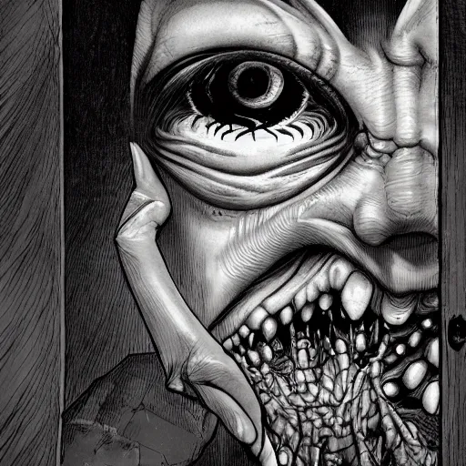 Image similar to midnight horror creepy eye staring at you through a barely open door, peeking at you in the dark nighttime, cracked open door barely ajar door, horrific dread monster barely visible to by yoji shinkawa apophasis junji ito shintaro kago 8 k