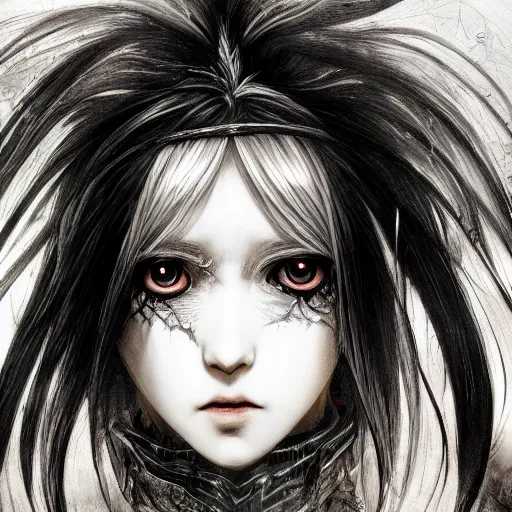 Image similar to yoshitaka amano realistic illustration of an anime girl with black eyes, wavy white hair fluttering in the wind and cracks on her face wearing elden ring armor with engraving, abstract black and white patterns on the background, noisy film grain effect, highly detailed, renaissance oil painting, weird portrait angle, three quarter view