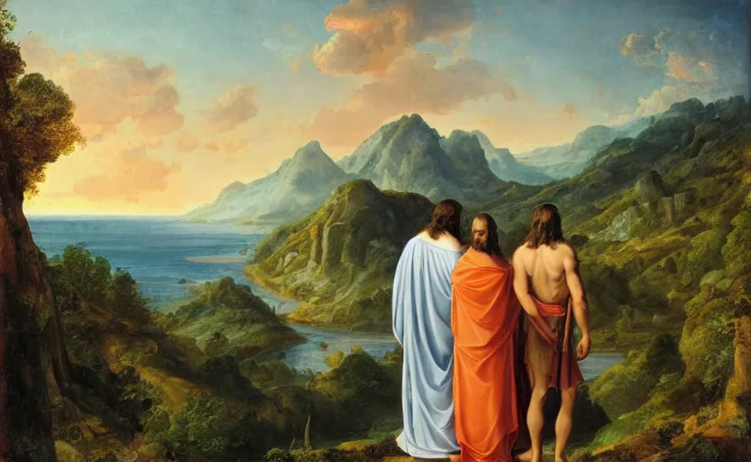 Prompt: jesus and mary magdalene standing on a cliff looking over a beautiful landscape, paradise