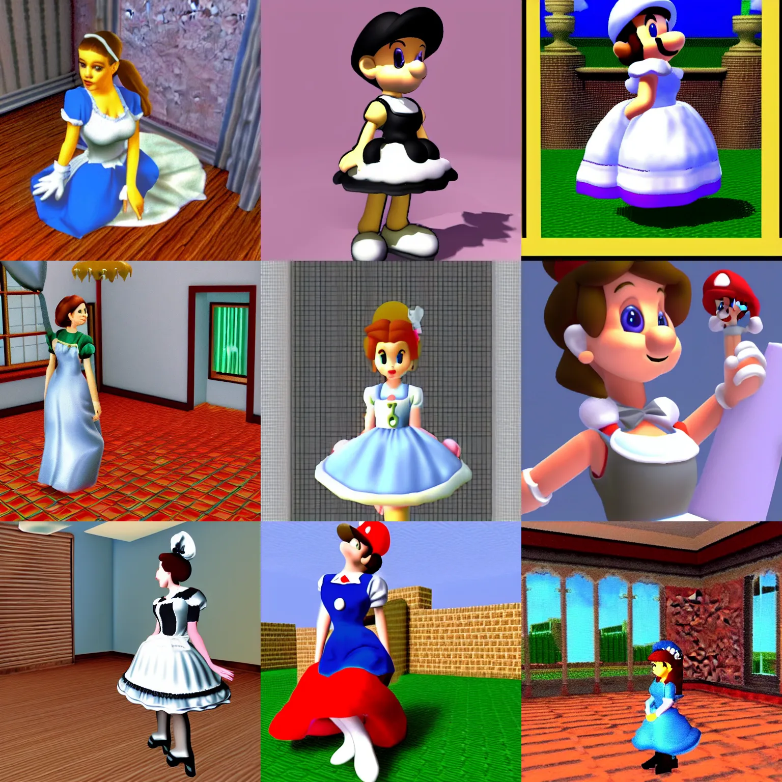 Prompt: a french maid, 1 9 9 6 super mario 6 4 graphics nintendo 6 4 visuals aesthetic