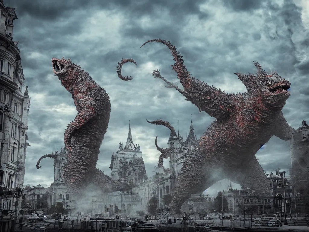 Image similar to kaiju attack in budapest photography realistic, detailed, cinematic