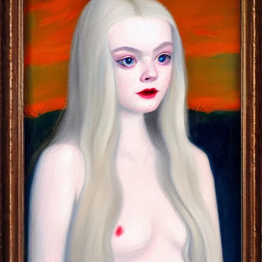 Prompt: Painting of Elle Fanning as a vampire in the snow, long blonde hair, delicate, pale milky white porcelain skin, by Edward Hopper. 8K. Extremely detailed.