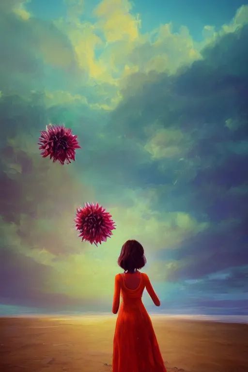 Image similar to closeup huge dahlia flower head, girl with dress on beach, surreal photography, blue sky, sunrise, dramatic light, impressionist painting, digital painting, artstation, simon stalenhag