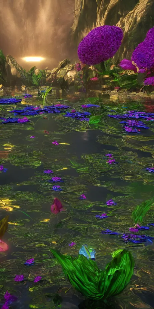 Prompt: alien flowers on a groovy biome warner bros, smooth, cinematic, wet reflections, ray tracing x, rtx, smooth