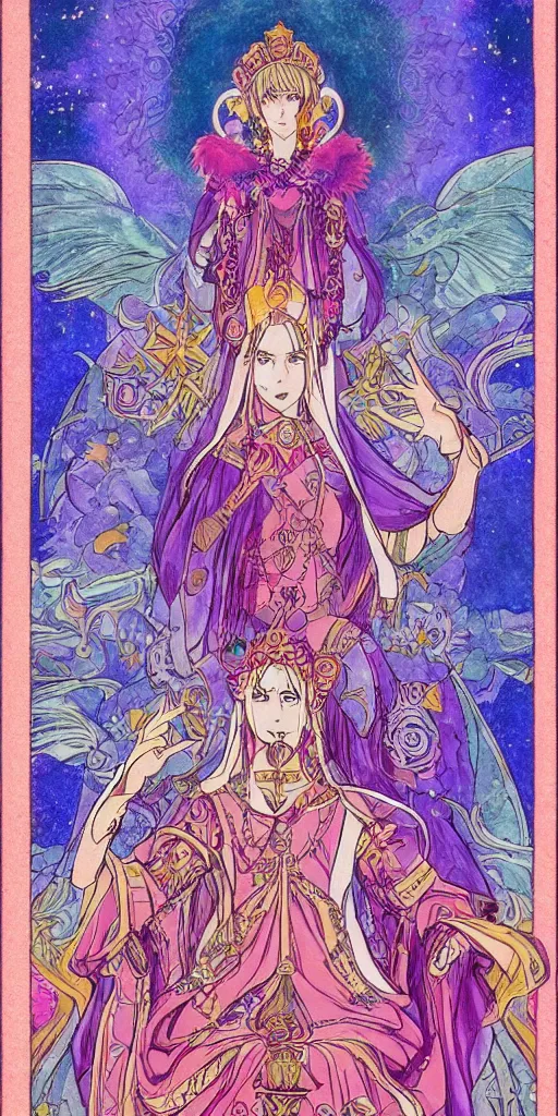 Prompt: a mystical woman priestess sitting on a throne, the divine feminine, drawn by studio UFOTABLE, psychedelic, pastel colors, Tarot cards. The empress tarot card, detailed, anime