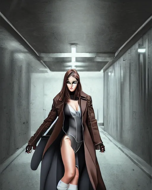 Prompt: photorealistic portrait of a beautiful half cyborg woman with a mischievous look, the half cyborg woman is wearing a long trench coat, in an underground parking garage, in the style of Artgerm and NeoArtCorE, dark mood