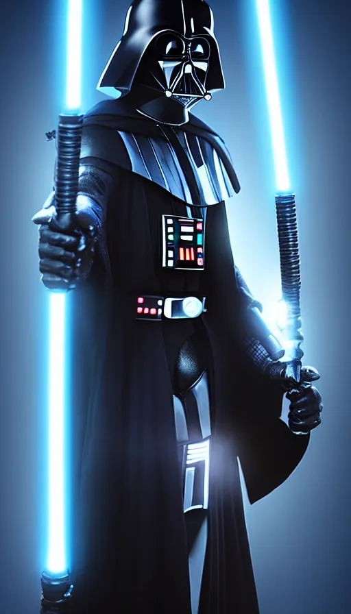 Prompt: A dark blue Darth Vader suit, movie accurate, holding a blue lightsaber, realism, 4k, dark background with studio lighting, 3d,