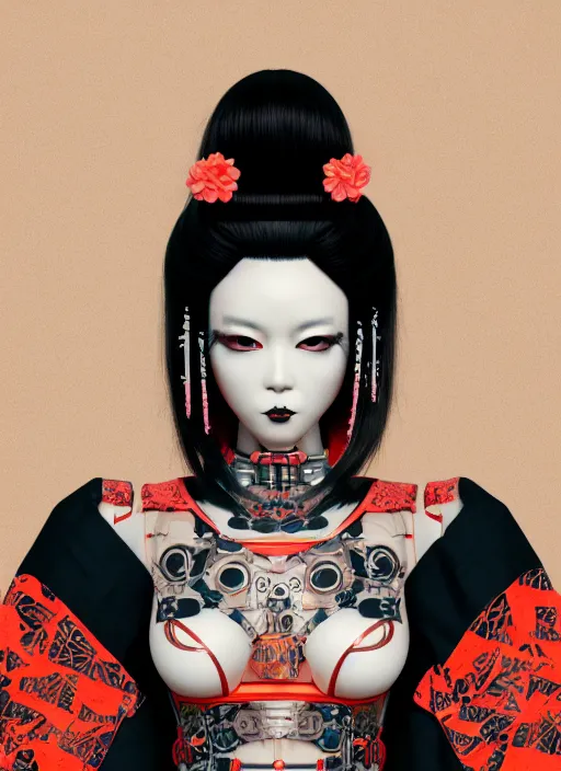 Image similar to full body portrait of a gothic style japanese robot geisha with kanji tattoos and decals wearing a digital pixelated kimono, intricate design, photo - realistic, octane render, dark colour palette, ultra fine detailed, character design, trending on artstation