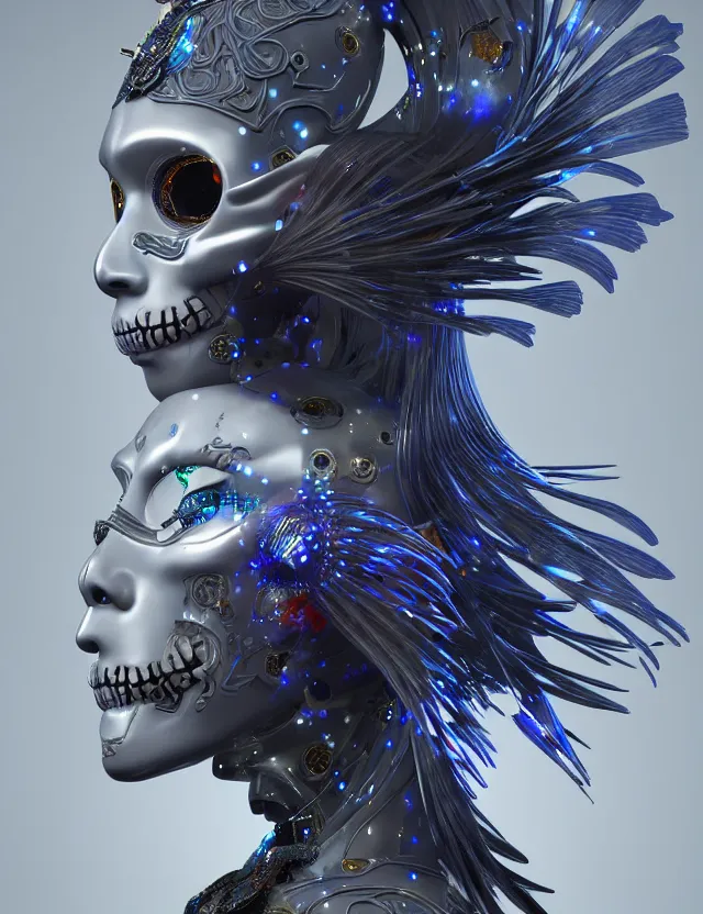 Image similar to 3 d goddess close - up profile simple portrait cybernetic with skull. beautiful intricately detailed japanese crow kitsune mask and clasical japanese kimono. betta fish, jellyfish phoenix, bio luminescent, plasma, ice, water, wind, creature, artwork by tooth wu and wlop and beeple and greg rutkowski