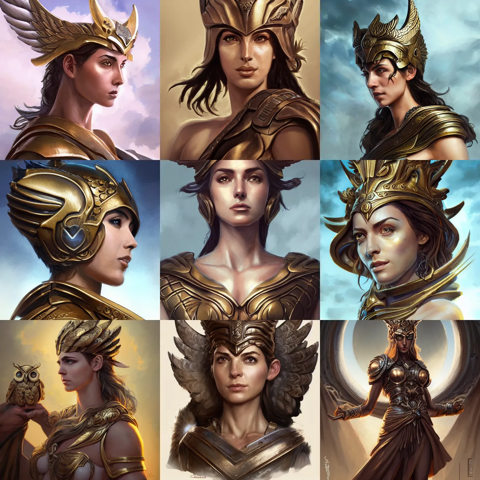 Image similar to athena, greek goddess, claudia black, art by artgerm and greg rutkowski and magali villeneuve, bronze greek armor, owl crown, d & d, fantasy, portrait, highly detailed, headshot, digital painting, trending on artstation, concept art, sharp focus, illustration