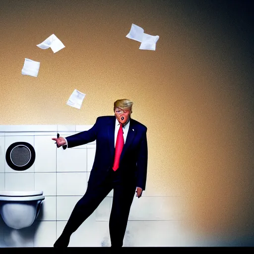 Image similar to stunning awe inspiring donald trump throwing papers into the toilet, movie still, 8 k hdr atmospheric lighting