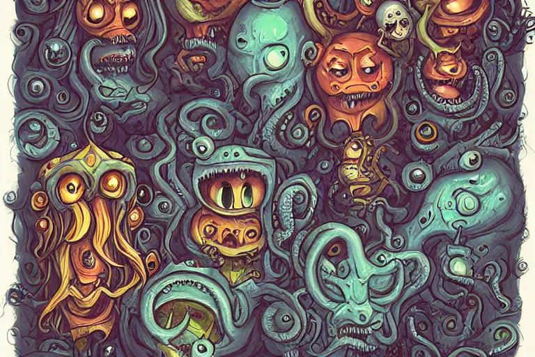 Prompt: lovecraftian demons by tim shumate, hell and demons, 8 k, highly detailed, concept art, cmyk colors