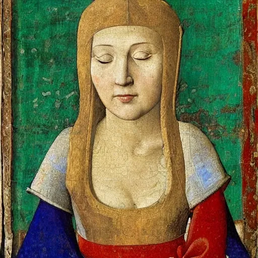 Prompt: portrait of a young woman with a happy face in 1342 by Italian late medieval painter Ambrogio Lorenzetti