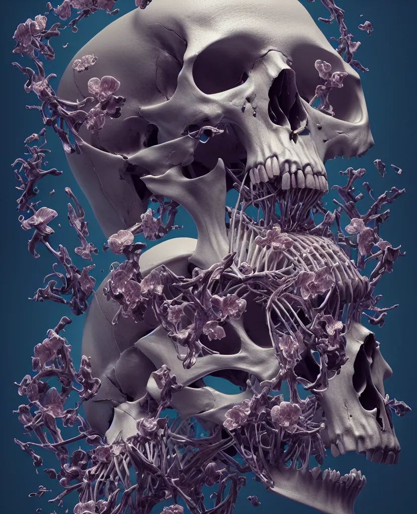 Image similar to composition of human skulls, animals skulls, bones, rib-cage and orchids, bioluminiscent, by Tooth Wu and wlop and beeple. octane render, trending on artstation, greg rutkowski very coherent symmetrical artwork. cinematic, hyper realism, high detail, octane render, 8k