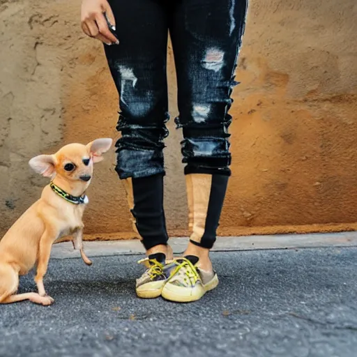 Image similar to a honey colored chihuahua puppy Showing off her streetwear , Oil pain