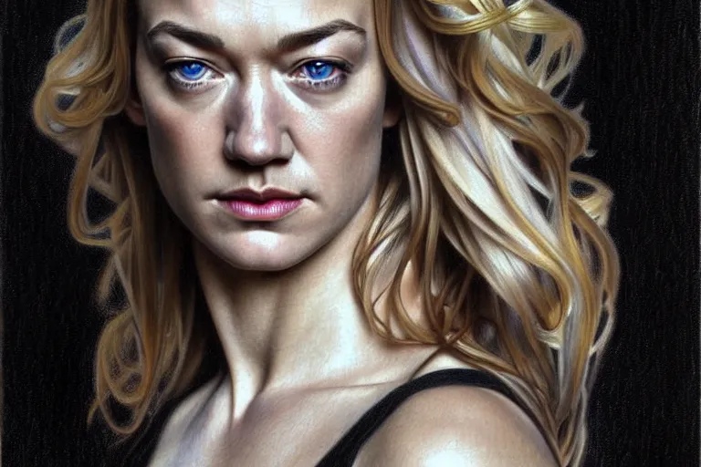 Image similar to hyperrealist pencil portrait sketch of yvonne strahovski by david malan and alphonse mucha, fantasy art, drawing, dynamic lighting, artstation, poster, volumetric lighting, very detailed faces, 4 k, award winning