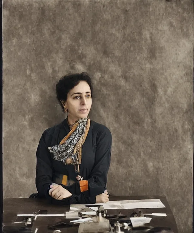 Image similar to a color photograph of zarin salahi in her workplace, by thomas ruff, out of place, intense, bold, hyperrealistic, ultra sharp, extra details, ultra high quality, trending on pinteresst