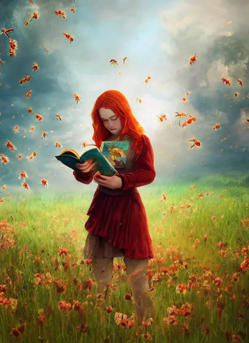 Image similar to An epic fantasy comic book style portrait painting of a young red headed girl reading a book in a field of flowers surrounded by bees, unreal 5, DAZ, hyperrealistic, octane render, cosplay, RPG portrait, dynamic lighting