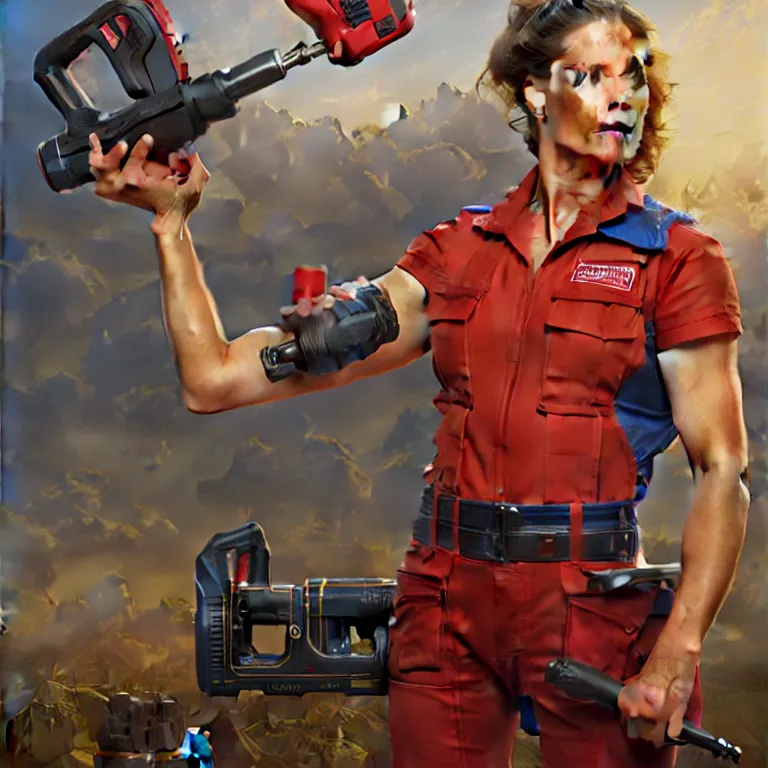 Image similar to epic portrait a slightly muscular woman wearing short sleeved uniform and carrying a red power tool drill, detailed, centered, digital painting, artstation, concept art, donato giancola, Joseph Christian Leyendecker, WLOP, Boris Vallejo, Breathtaking, 8k resolution, extremely detailed, beautiful, establishing shot, artistic, hyperrealistic, beautiful face, octane render