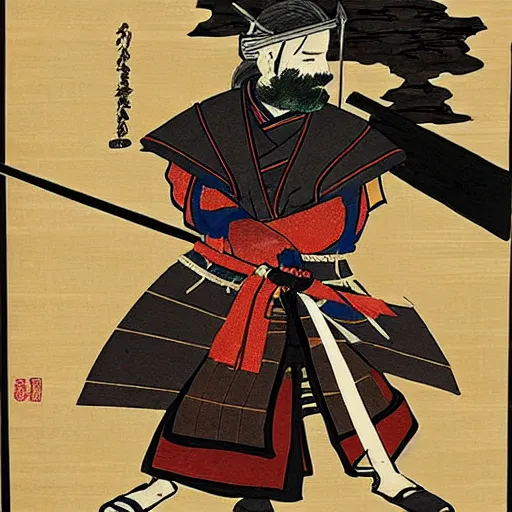 Image similar to jesse pinkman from breaking bad wearing samurai armor and holding a katana in feudal japan, ink block painting, edo period