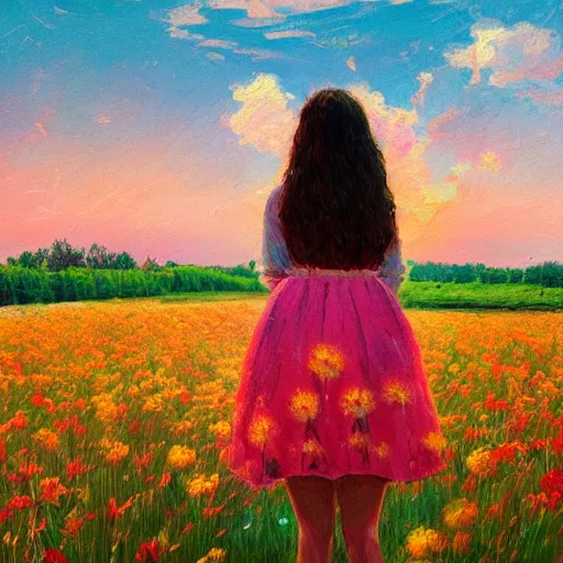 Image similar to woman with a flower face standing in flower field, surreal painting, sunrise, impressionism, colorful clouds, artstation, simon stalenhag