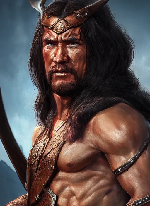 Prompt: comic book style portrait painting of conan the barbarian in a stunning fantasy setting, unreal 5, DAZ, hyperrealistic, octane render, dynamic lighting