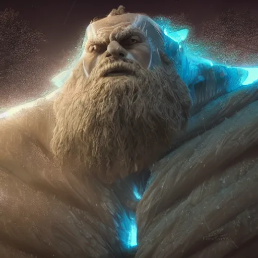 Image similar to a giant frost giant in the mountains, au naturel, hyper detailed, digital art, trending in artstation, cinematic lighting, studio quality, smooth render, unreal engine 5 rendered, octane rendered, art style by klimt and nixeu and ian sprigger and wlop and krenz cushart