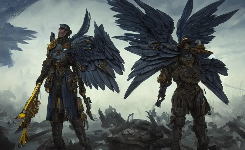 Image similar to A military super soldier with wings with a blue and yellow flag behind him is standing on a pile of skulls in triumph, concept art, сinematic lighting, insanely detailed, smooth, sharp focus, Artstation, 8k, unreal engine, hyper realistic, steampunk style, bright background, moonlight, volumetric lighting, wallpaper, digital illustration by Ruan Jia and Mandy Jurgens and Artgerm and Wayne Barlowe and Greg Rutkowski and Zdislav Beksinski