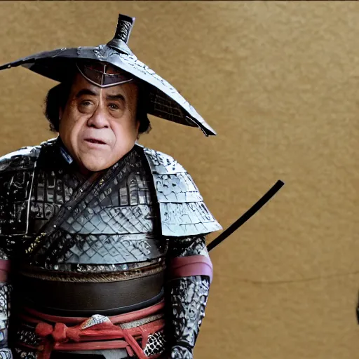 Image similar to cinematic shot of Danny Devito wearing samurai armor and holding a katana in a japanese village, 8k, highly intricate, highly detailed, depth of field, epic,