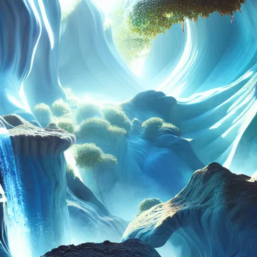 Prompt: Celestial majestic futuristic other worldly realm with Singaporean royal gold lush volcano, set on Antelope Canyon with royal blue thermal waters flowing down white travertine terraces, relaxing, ethereal and dreamy, visually stunning, painted by Leonardo da Vinci and WLOP, octane render, scifi
