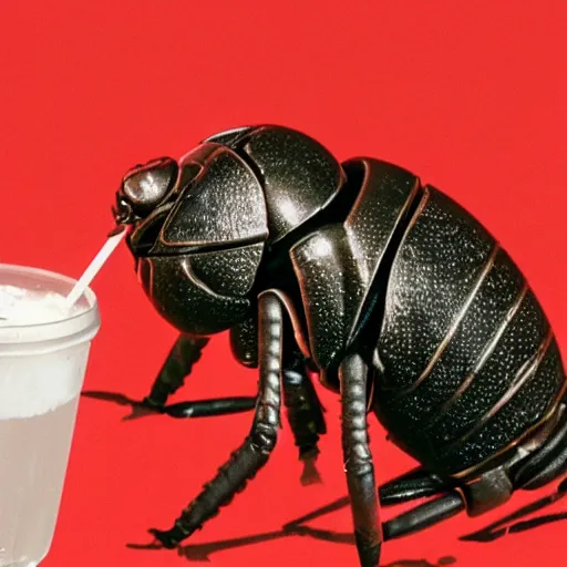 Image similar to humanoid louse drinking coca cola using straw in the space