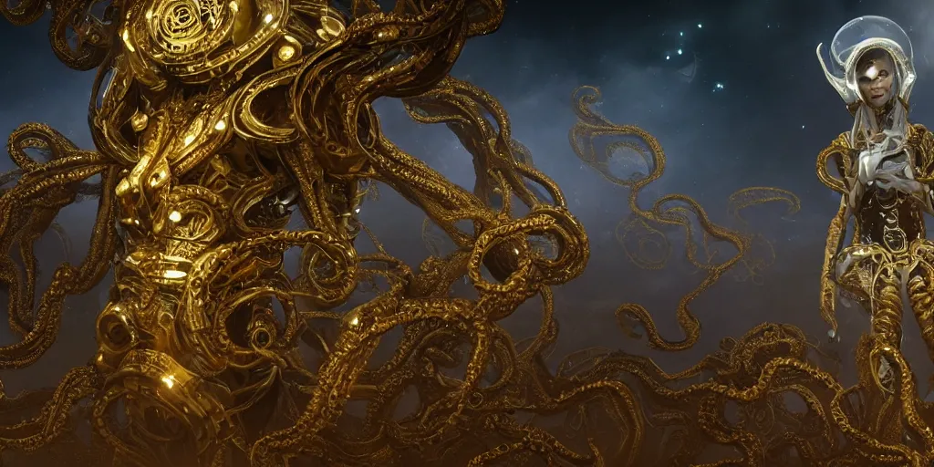 Prompt: a photo of a 8k ultra realistic corrupted lovecraftian golden humanoid queen standing next to a spaceship window overlooking earth, 8 intricate white and gold tentacles, ornate white and gold armour, cinematic lighting, trending on artstation, 4k, hyperrealistic, focused, extreme details, unreal engine 5, cinematic, masterpiece