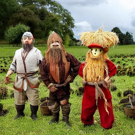 Image similar to dwarves in traditional clothes in mushroom fields put up a scarecrow from bats