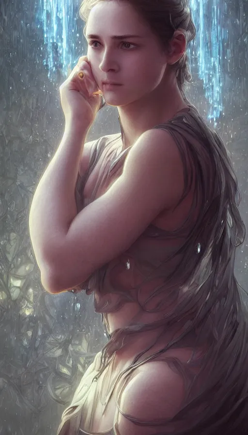 Image similar to tears turning into waterfall, crying eyes wide open, fame of thrones, lord of daggers, neon, fibonacci, sweat drops, insane, intricate, highly detailed, digital painting, artstation, concept art, smooth, sharp focus, illustration, Unreal Engine 5, 8K, art by artgerm and greg rutkowski and alphonse mucha