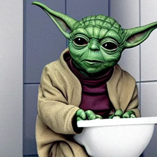 Image similar to photo of yoda sitting on the toilet