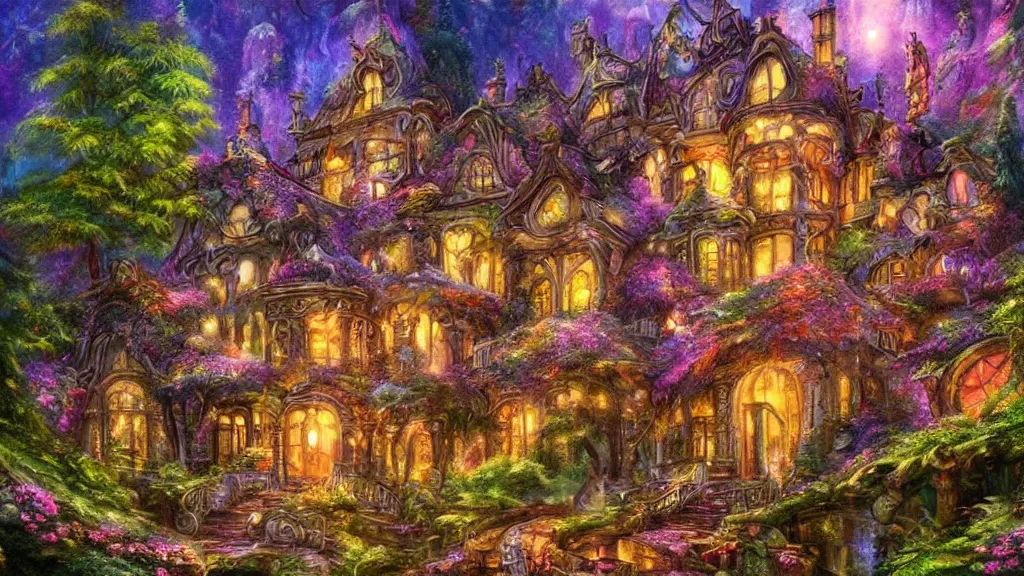 Image similar to Beautiful mansion in the woods” Beautiful Dreamscape, Digital art, concept art, detailed, lovely colors, Art station,3-D 4K, beautiful background, matte painting, Josephine wall,