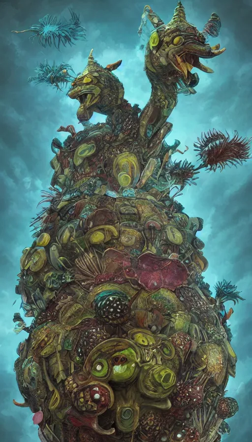 Prompt: a strange bird turtle giraffe chimera creature with scales feathers fins tusks mushrooms with other monsters on a lush fertile alien planet, fractal, in the style of shaun tan, sam shearon, dr seuss, leng jun, max ernst, patrick woodroffe, close up, bizarre, fantastic, science fiction, dramatic studio lighting, atmospheric, 3 d sculpture 8 k octane render