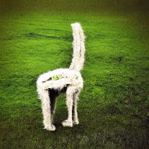 Image similar to A glitchy animal like creature standing in a lush green field, photograph, 2010 photograph, eerie