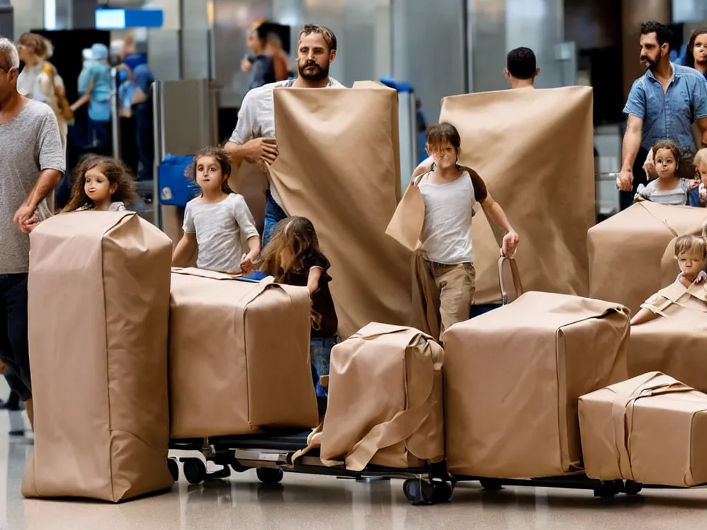 Prompt: a perfect abstract sculpture of a family going on a package holiday, wrapped in brown paper, hurrying through airport security as if they had not a care in the world. as they leave behind a wake of destruction in their suburban paradise.