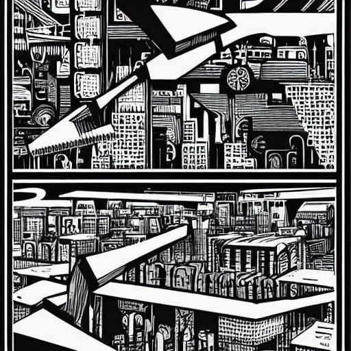 Image similar to mcbess illustration of a Brutalist Soviet building in the form of Scissors, cyberpunk, future tech, extremely detailed, rule of thirds, greeble, circuitry