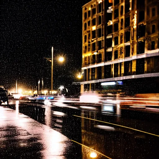 Image similar to a city street at night, raining, photograph, cars on the road,