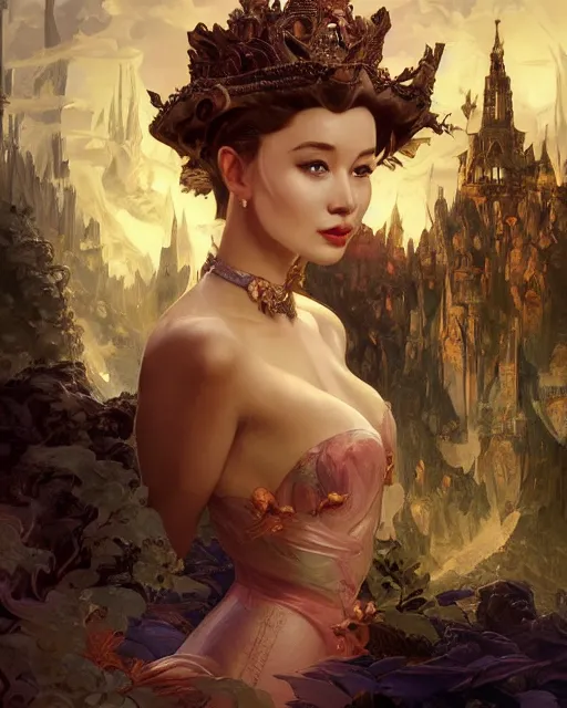 Image similar to the queen of the 7 seas, mysterious, highly detailed, digital painting, artstation, concept art, smooth, sharp focus, illustration, unreal engine 5, 8 k, art by stanley artgerm lau, wlop, rossdraws, frank frazetta, andrei riabovitchev, marc simonetti, and alphonse mucha, treanding on artstation