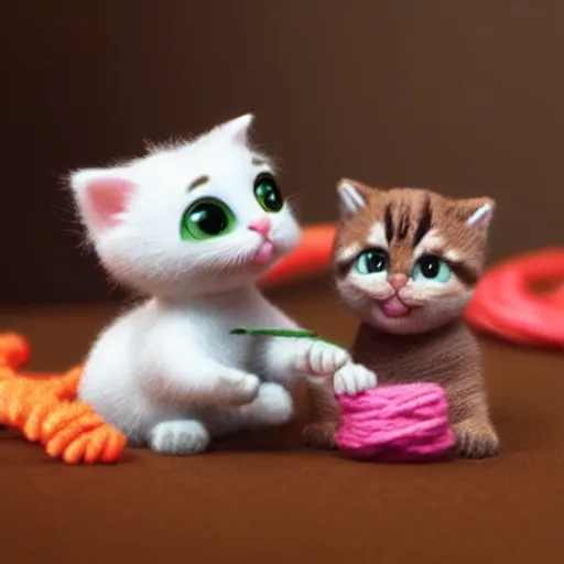 Image similar to miniature closeup of cute kittens playing with yarn, claymation, Pixar animation, visually stunning, 50mm, highly detailed, award-winning