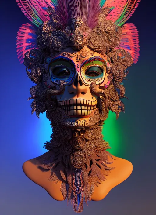 Image similar to 3 d mexican goddess profile portrait. beautiful intricate highly detailed day of the dead mask and feathers. low - key lighting, bioluminescent, plasma, lava, ice, water, wind, creature, quetzalcoatl, artwork by tooth wu and wlop and beeple and greg rutkowski, 8 k trending on artstation,