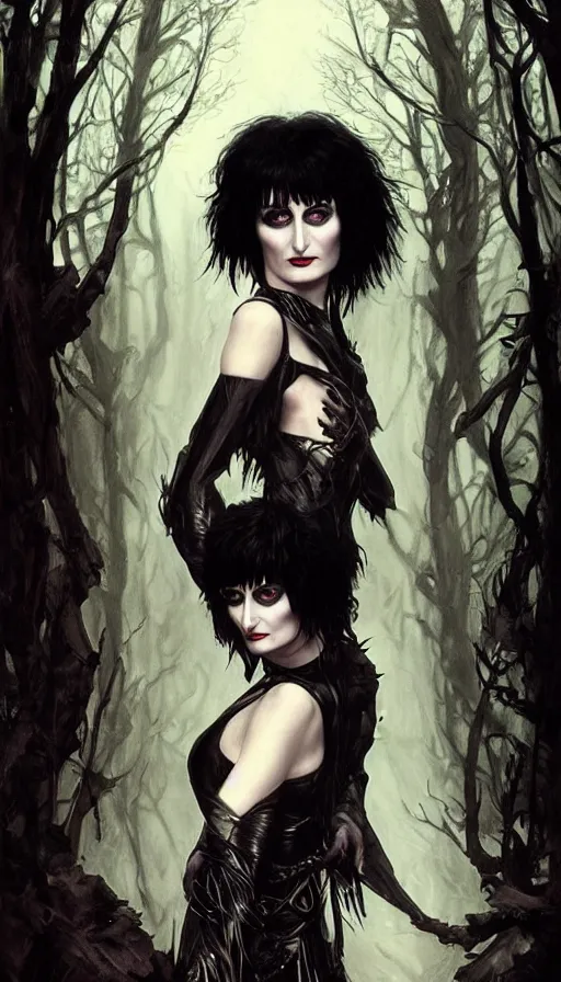 Image similar to portrait of siouxsie sioux, dark and ethereal, expressive pose, peaceful expression, dark gothic dress, fantasy, intricate, dark forest background, highly detailed, digital painting, artstation, concept art, smooth, sharp focus, illustration, art by artgerm and greg rutkowski and alphonse mucha