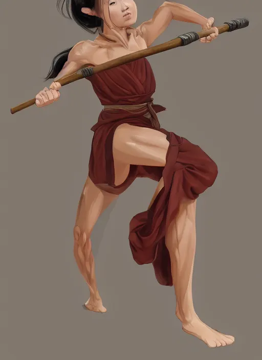 Image similar to portrait of a female drunken master monk exercising by wlop, wuxia, xianxia, drunken boxing, drunken fist, drunken master, weathered olive skin, athletic, playful, beautiful, fully clothed, monk's robe, detailed, realistic, anatomically accurate, fantasy illustration, artstation, wlop.