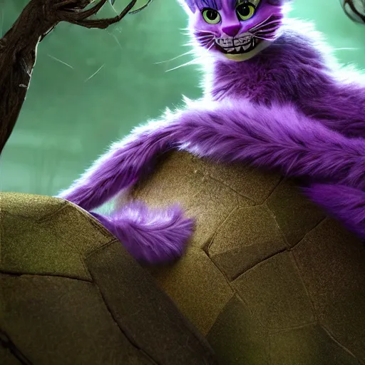 Image similar to full body pose, hyperrealistic photograph of the cheshire cat as a woman, dim volumetric lighting, 8 k, octane beautifully detailed render, extremely hyper detailed, intricate, epic composition, cinematic lighting, masterpiece, trending on artstation, very very detailed, stunning, hdr, smooth, sharp focus, high resolution, award, winning photo, dslr, 5 0 mm