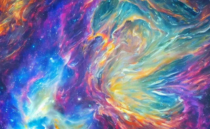 Image similar to an abstract oil painting of an unbelievably beautiful space nebula; hyper-detailed; an extraordinary masterpiece!!!; flawless; trending on artstation