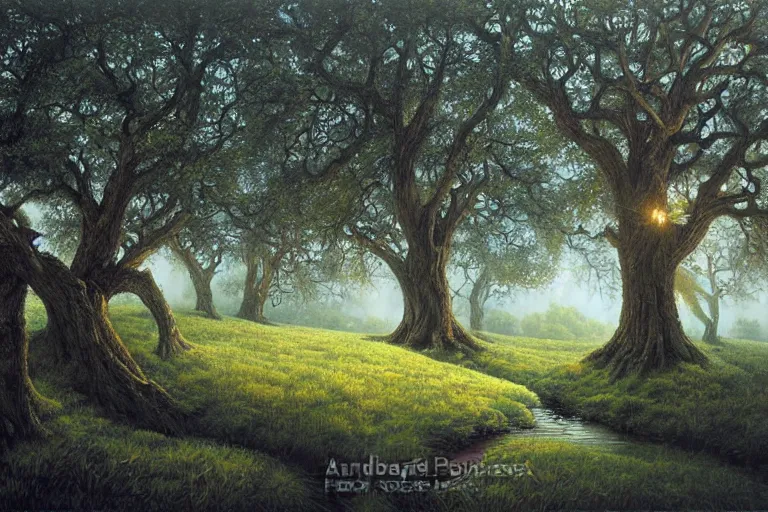 Image similar to masterpiece painting of oak trees on a hillside overlooking a creek, dramatic lighting, by andrew ferez