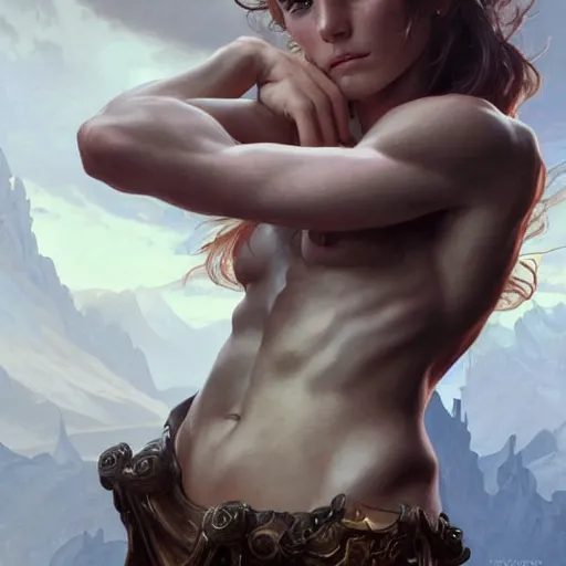 Image similar to portrait of a emma watsonj, muscular, upper body,big chest, D&D, fantasy, intricate, elegant, highly detailed, digital painting, artstation, concept art, matte, sharp focus, illustration, art by Artgerm and Greg Rutkowski and Alphonse Mucha